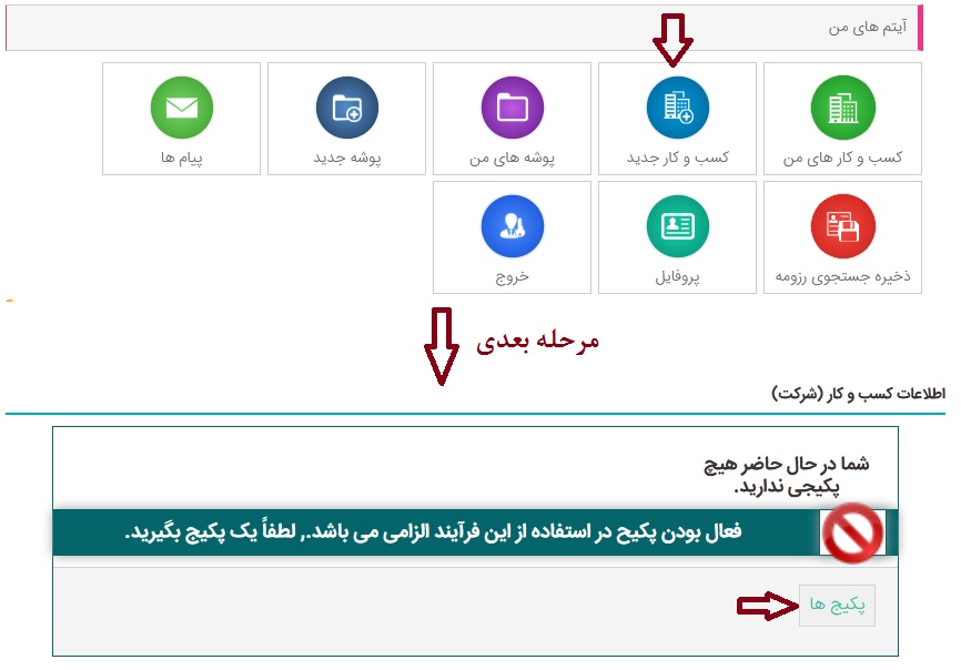 اکنون کارفرما می تواند تا در پنل کاربری خود و در وسط های صفحه بر روی کسب و کار جدید کلیک کند تا ادامه روند ثبت درخواست استخدام کارجویان را دنبال نماید.